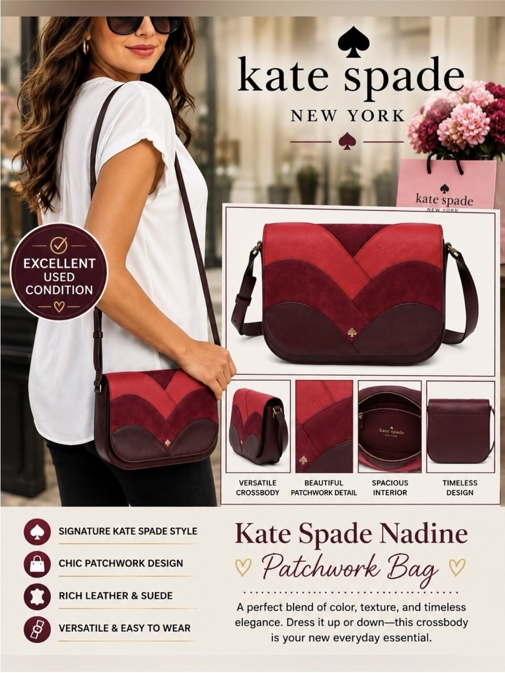 Kate Spade Nadine Patchwork Bag in Leather and Suede